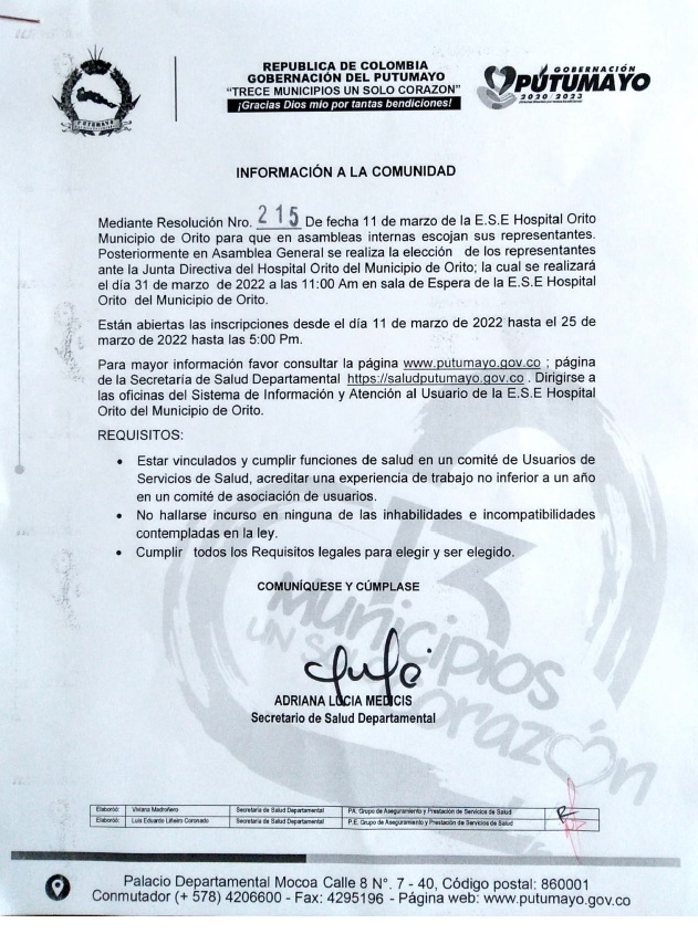 Elección del Representante de los usuarios ante la Junta Directiva del Hospital Orito del Municipio de Orito- Putumayo.